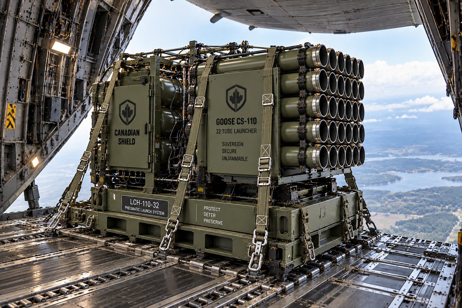 An illustration of a multi-tube launcher on a transport frame, rigged to an airdrop pallet inside an aircraft hold.
