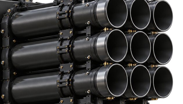 An illustration of a nine-tube pod in banded rows of three, ending at the open muzzles, on no background.
