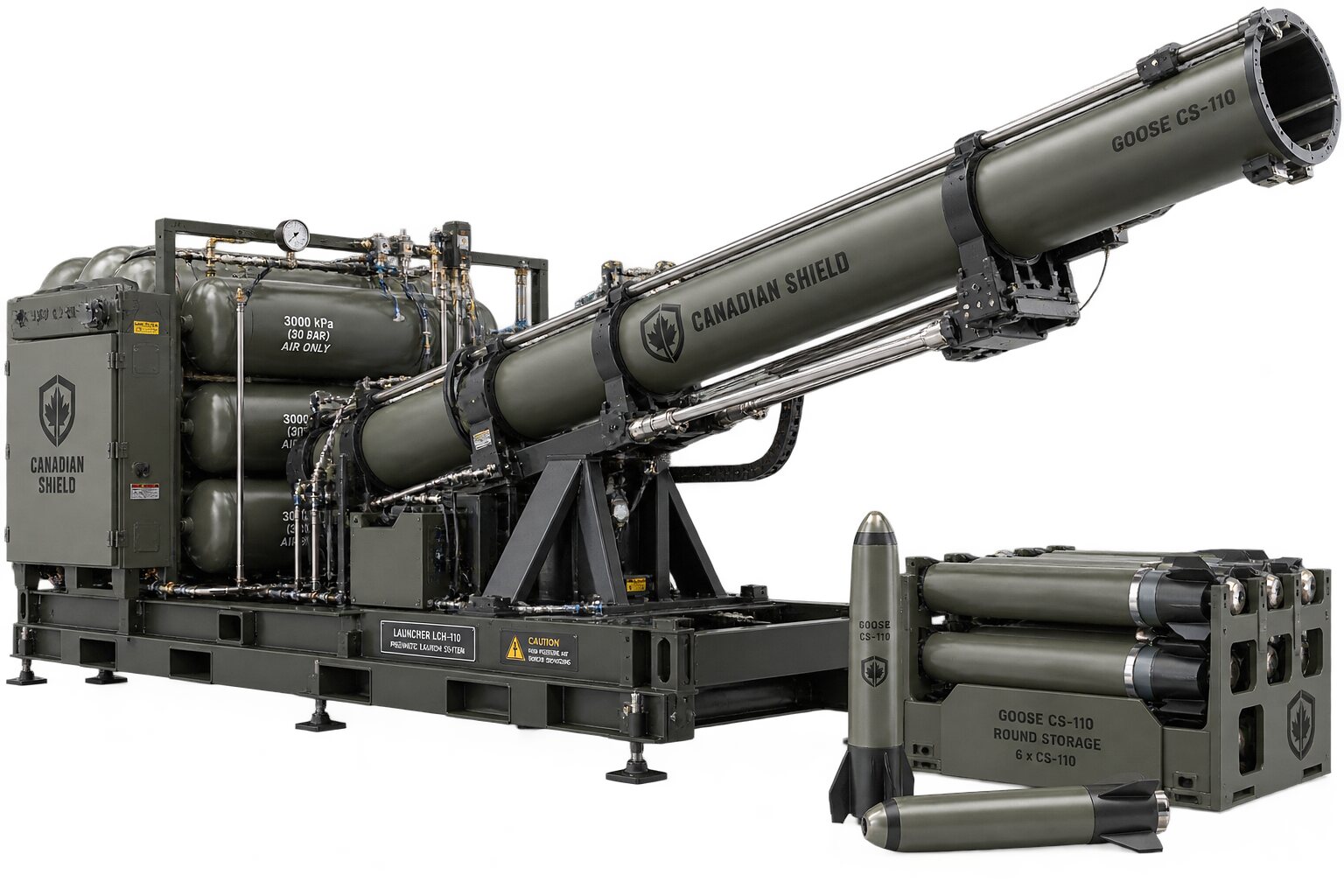 An illustration of a multi-tube launcher on a transport frame beside a separate storage rack, cut out on white.