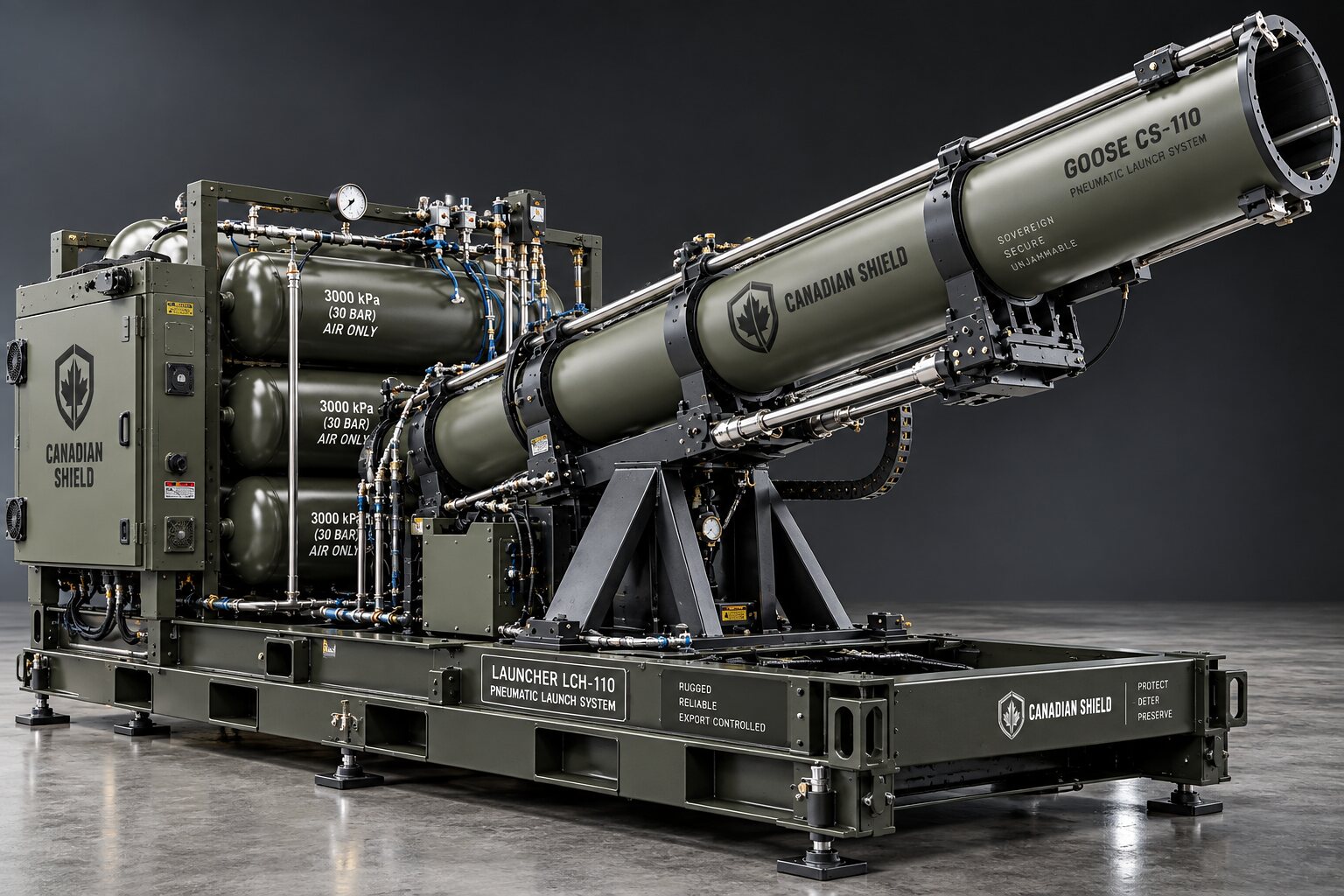 An illustration of a multi-tube launcher on a transport frame, viewed from the side with its tubes level.