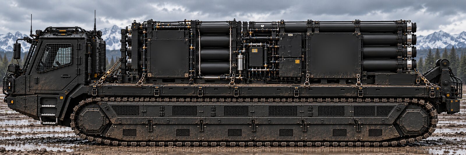 An illustration of a tracked carrier with a forward cab carrying a multi-tube launcher assembly on its deck across muddy ground.