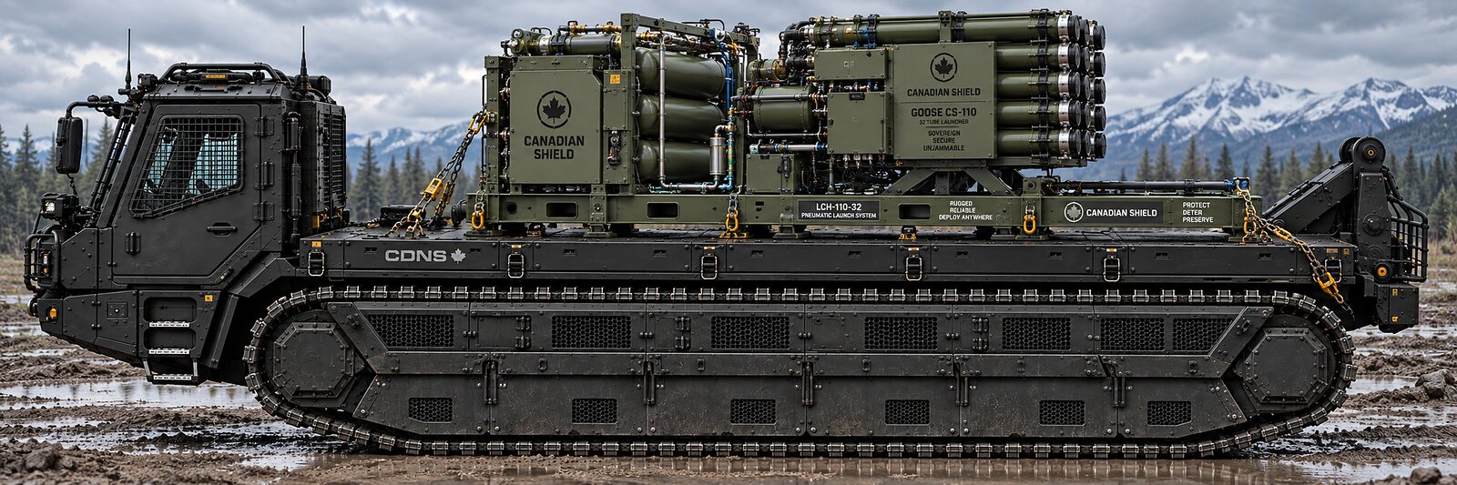 An illustration of a tracked carrier with a forward cab carrying a multi-tube launcher assembly chained to its deck on muddy ground.