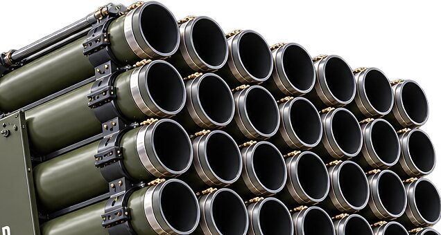 An illustration of a raised tube array seen end on, its bores in four banded rows.