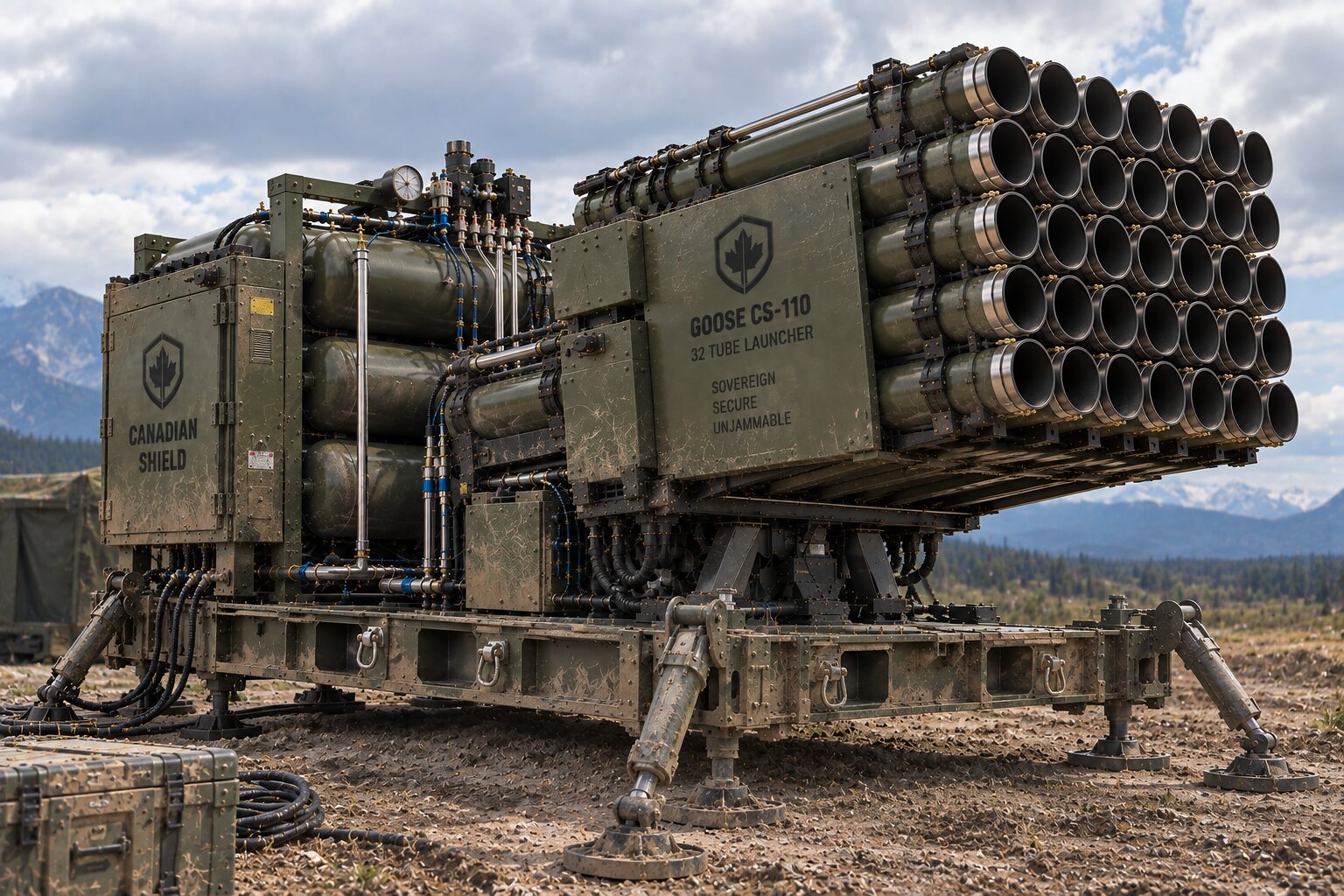 An illustration of a weathered multi-tube launcher on a transport frame standing on an open plain beside a low shelter.