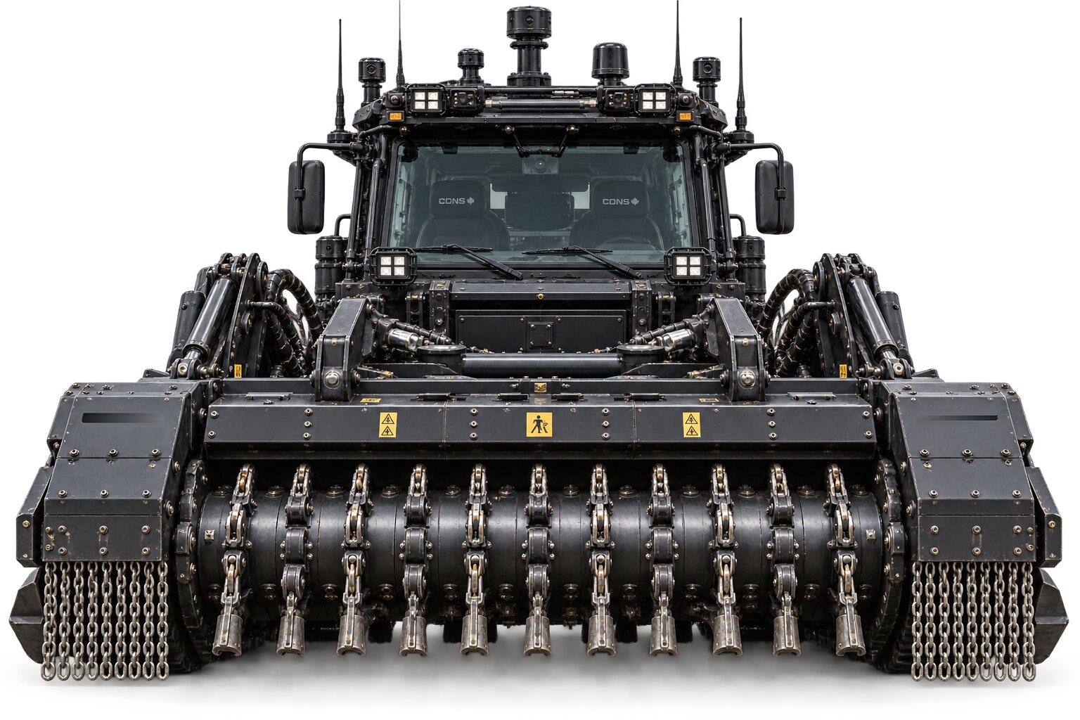 An illustration of a tracked carrier seen head on, its chain flail head across the full width ahead of the cab, cut out on white.