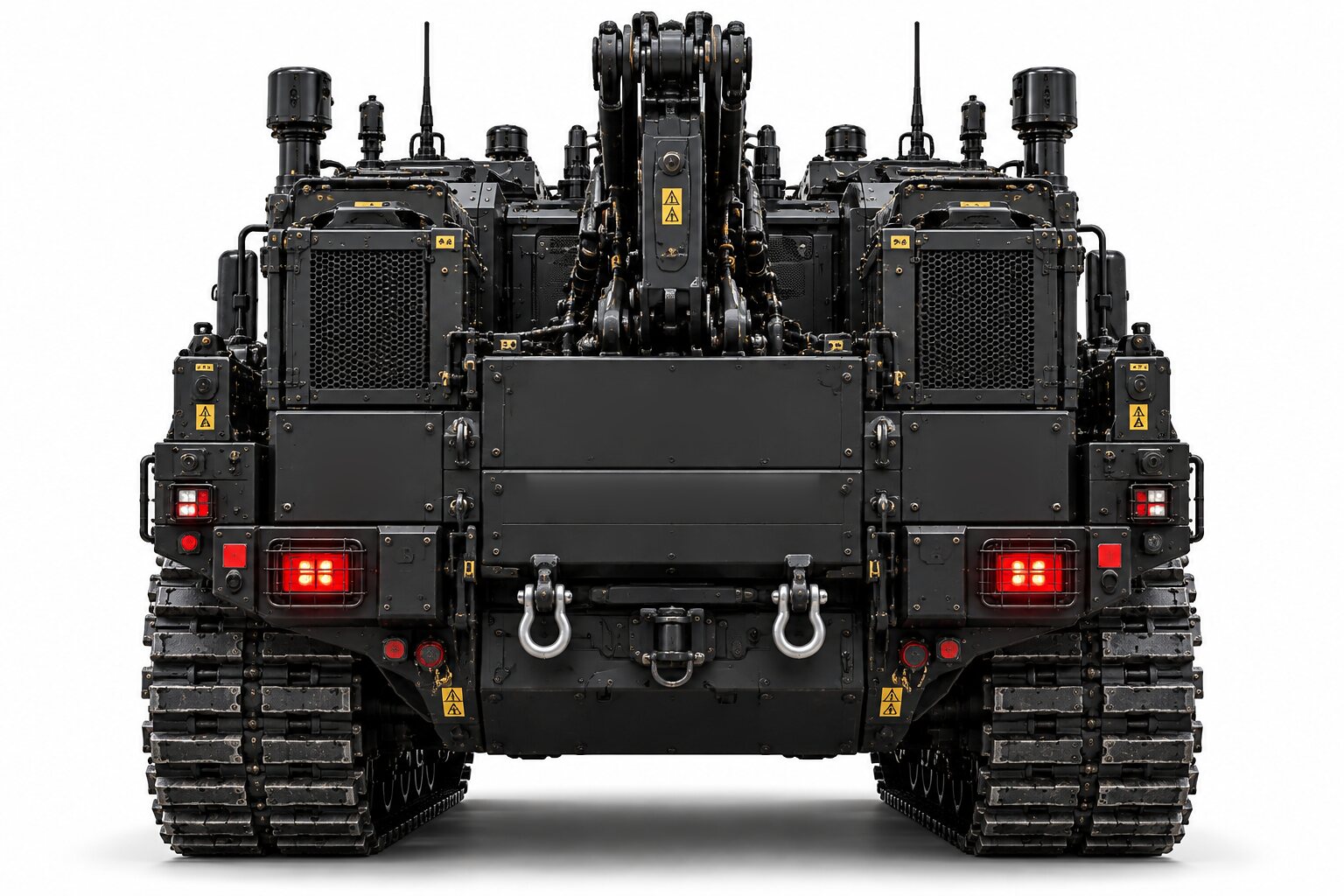 An illustration of a tracked carrier seen from behind, recovery shackles on the rear plate and the arms folded above the cab, cut out on white.