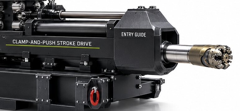An illustration of a stroke drive, its entry-guide housing and a machined cutting head on a skid, on a white ground.