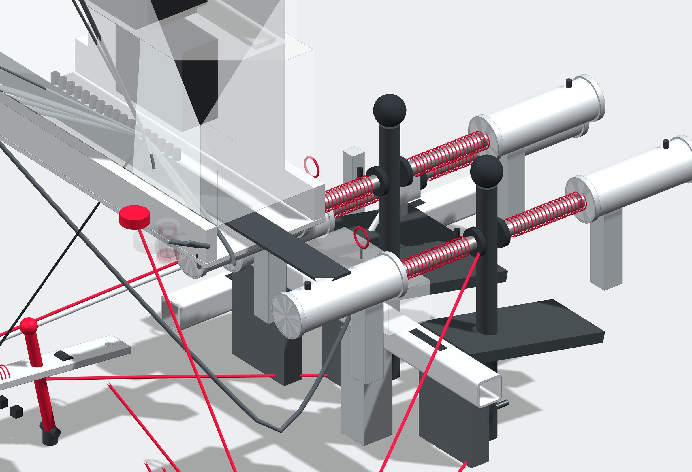 An illustration of a model study of a pedal pod: two actuators on their mounts drawn in grey with the signal runs in red.