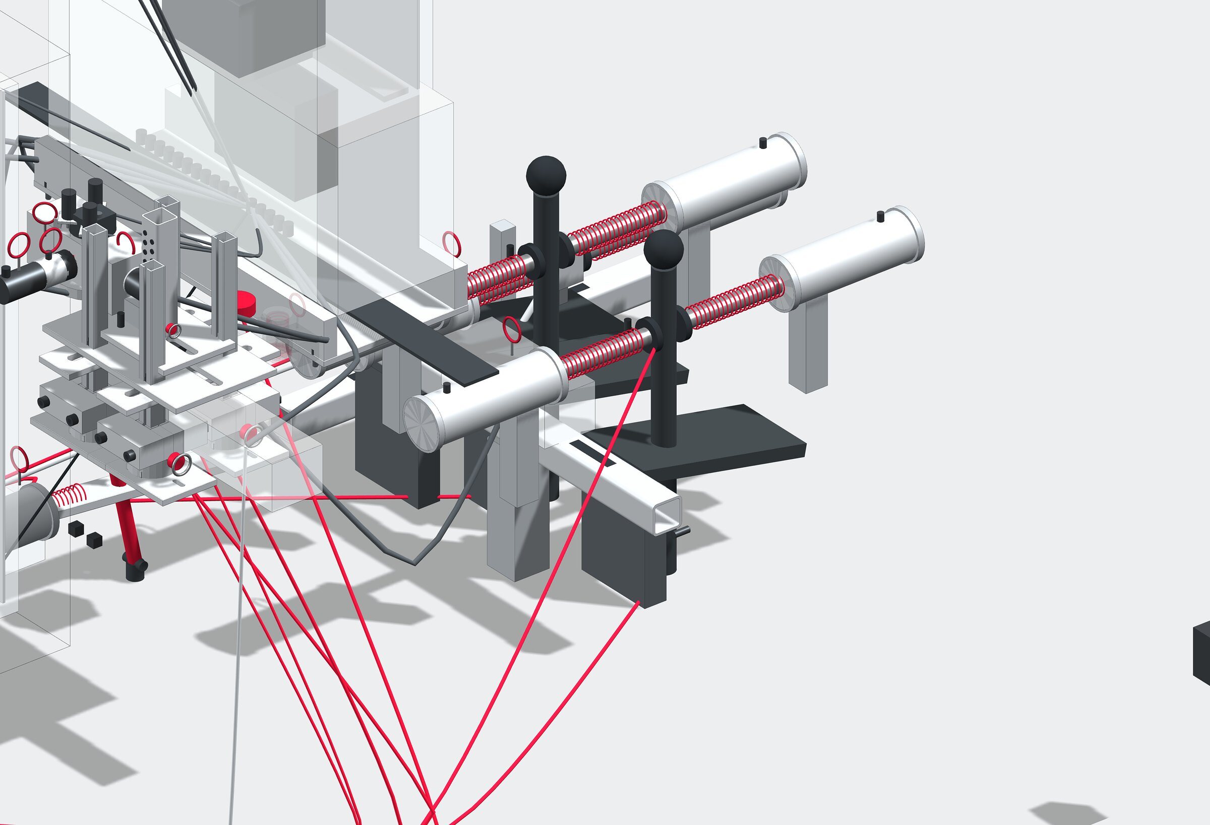 An illustration of a model study of a travel pod: the actuator pair and their mounts drawn in grey with the signal runs in red.