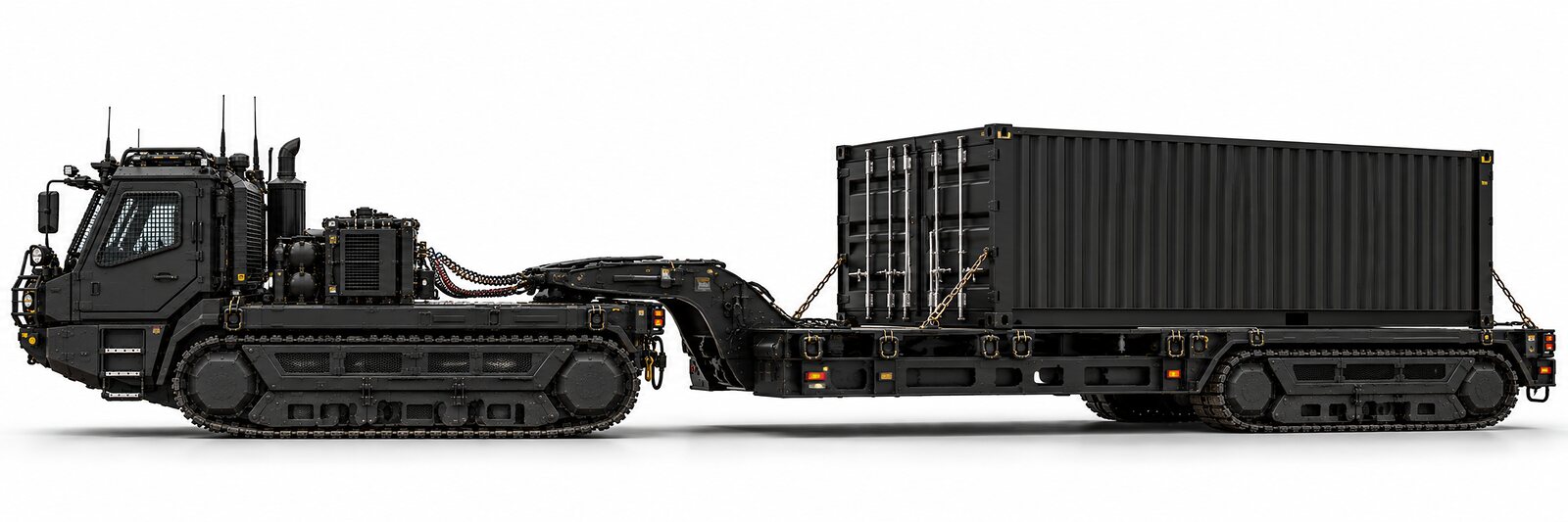 An illustration of a tracked tractor coupled to a tracked lowbed trailer carrying a shipping container, cut out on white.
