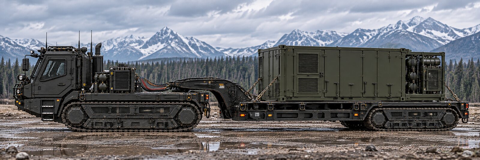 An illustration of a tracked tractor coupled to a tracked lowbed trailer carrying a shelter module on a gravel flat below mountains.
