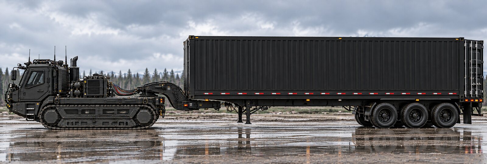 An illustration of a tracked tractor coupled to a box semitrailer standing on a wet apron below distant mountains.