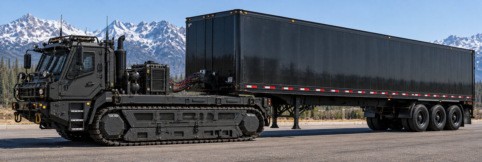 An illustration of a tracked tractor coupled to a box semitrailer on a paved road below a snow-capped mountain range.