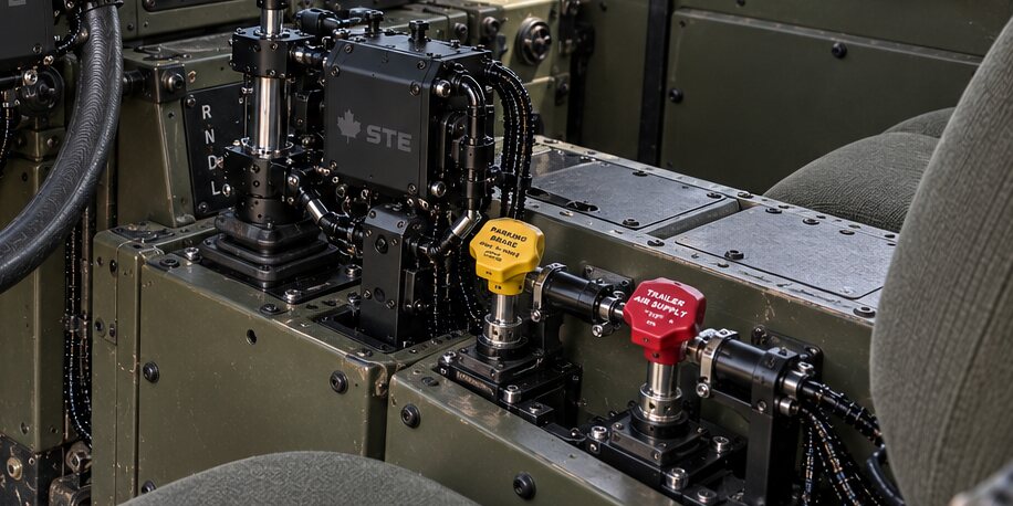 An illustration of a heavy vehicle's yellow and red push-pull air-brake knobs, each on its own actuator, with the selector beside them.