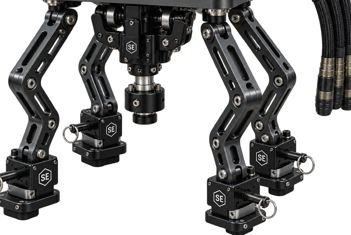 An illustration of the module's six articulated arms and their actuator heads seen from below, hose bundle at the right.