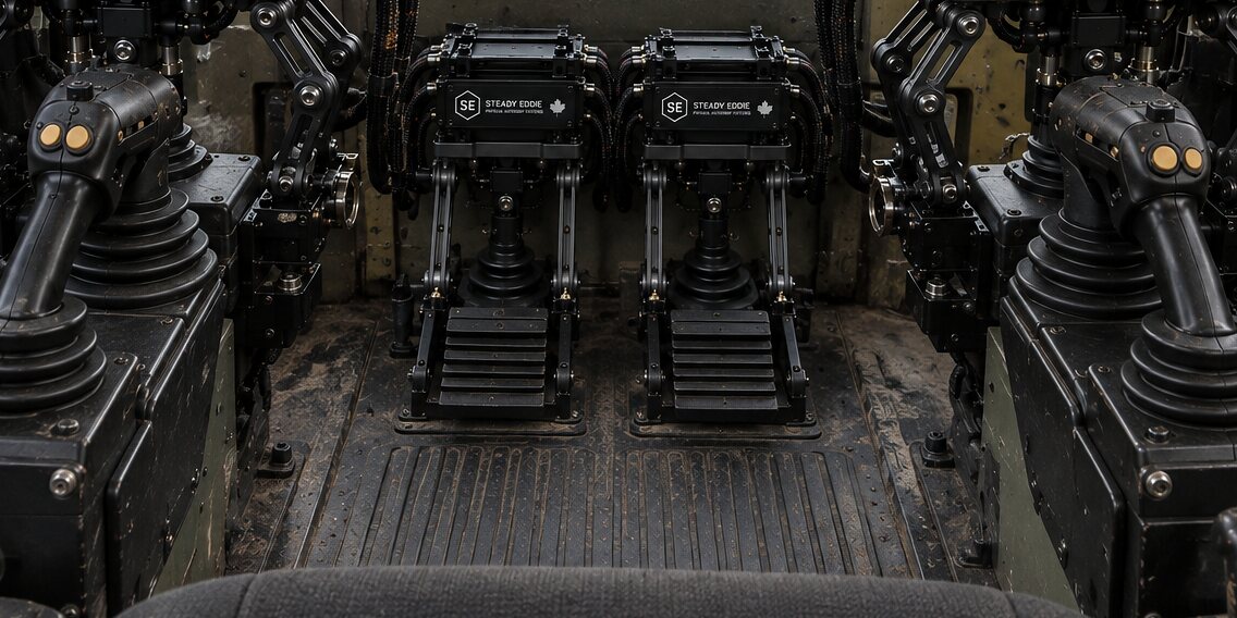 An illustration of a cab with actuators on all four of the machine's own controls at once.