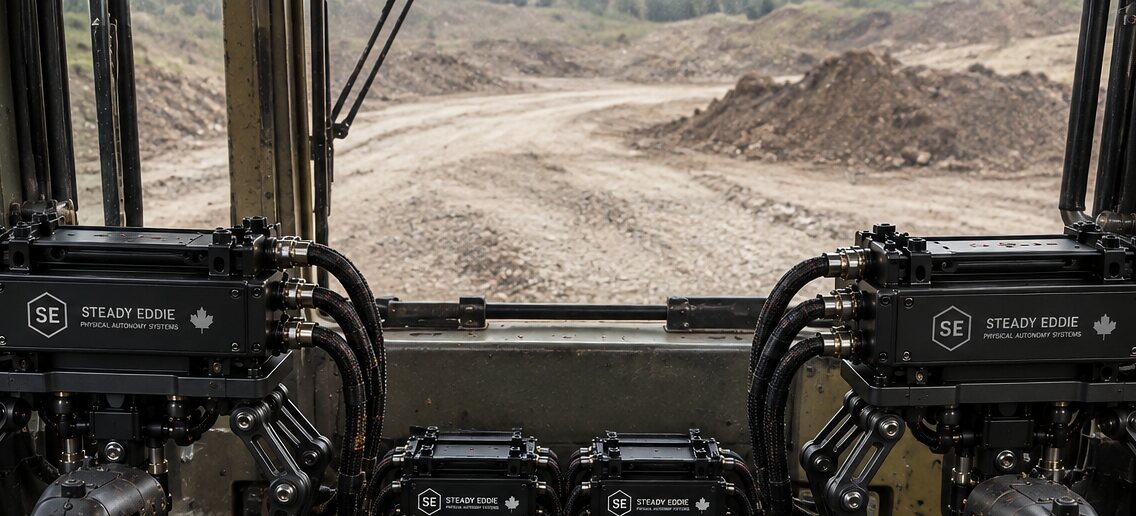 An illustration of the ground ahead from the seat — a haul road climbing between cut banks through the windscreen, module tops below the glass.