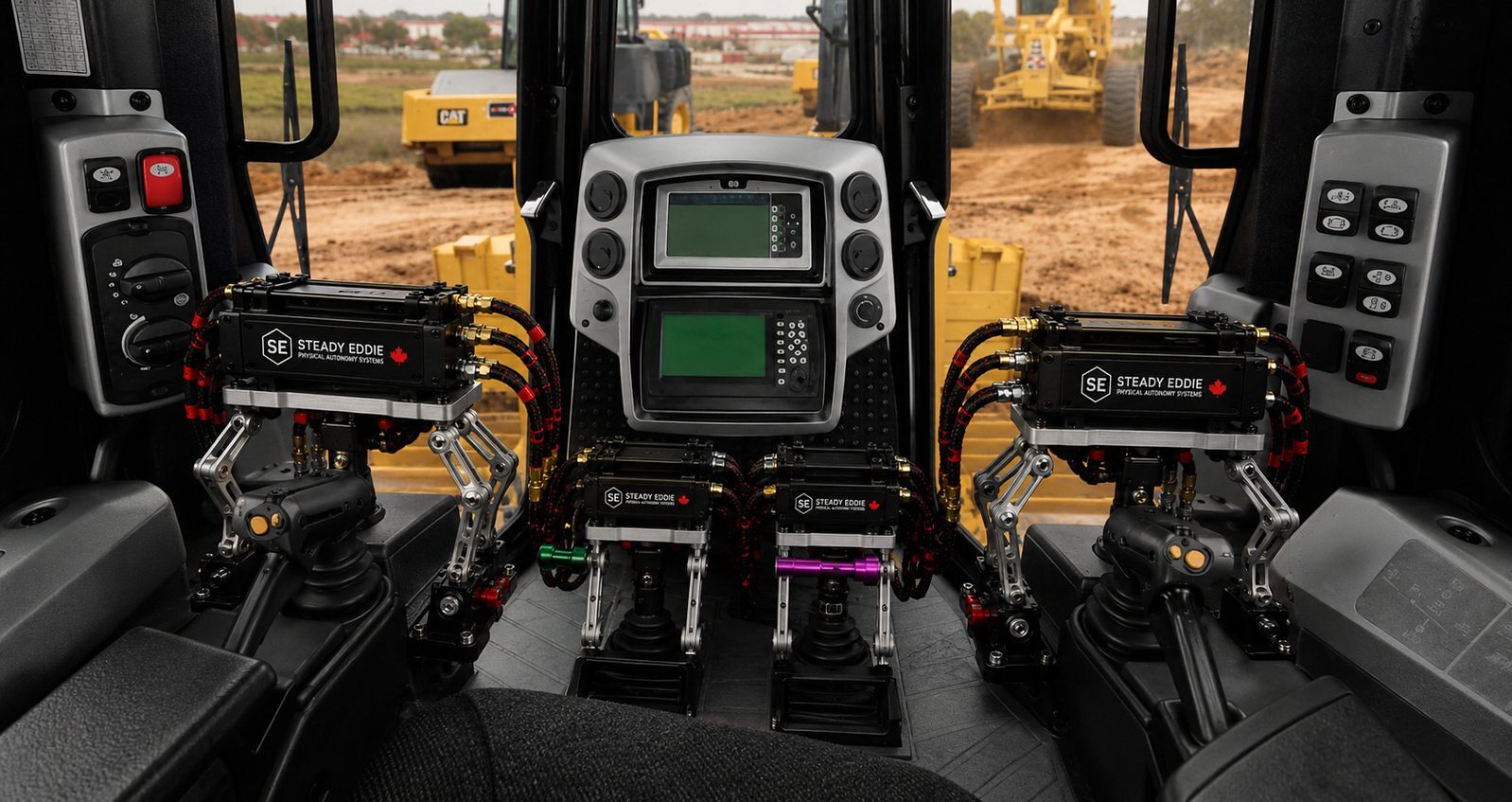 An illustration of sealed modules on a dozer's tillers and pedals, the cab's own screen between them, a yard through the glass.