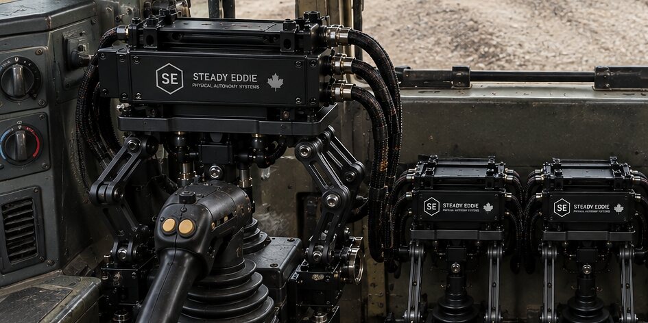 An illustration of the sealed module on its mount, braided lines leaving it, articulated arms down to the machine's own joystick, two smaller pedal modules beside it.