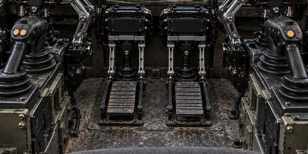 An illustration of two pedal actuators standing on a machine's own pedals under the dash, a module above each and the joystick consoles either side.