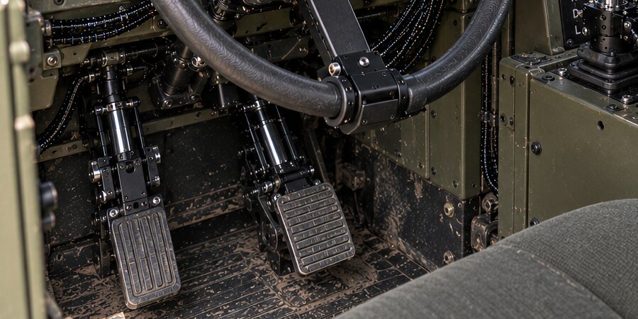 An illustration of two pedal actuators on a heavy vehicle's own pedals, braided lines running along the bulkhead and the driver's seat empty beside them.