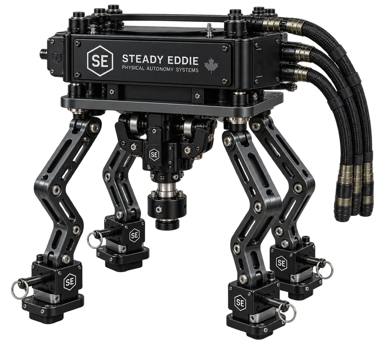An illustration of the operator-station module on its own: a sealed housing with braided lines leaving it and four articulated arms ending in actuator heads with pull pins, on white.