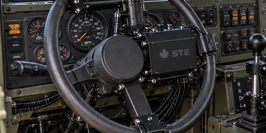 An illustration of a hub module on a truck's steering wheel, arms to the rim, instrument cluster and switch bank behind.