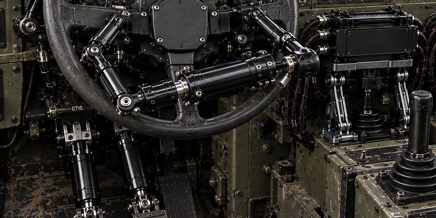 An illustration of a hub module clamped on a vehicle's steering wheel with four arms out to the rim and pedal actuators below.